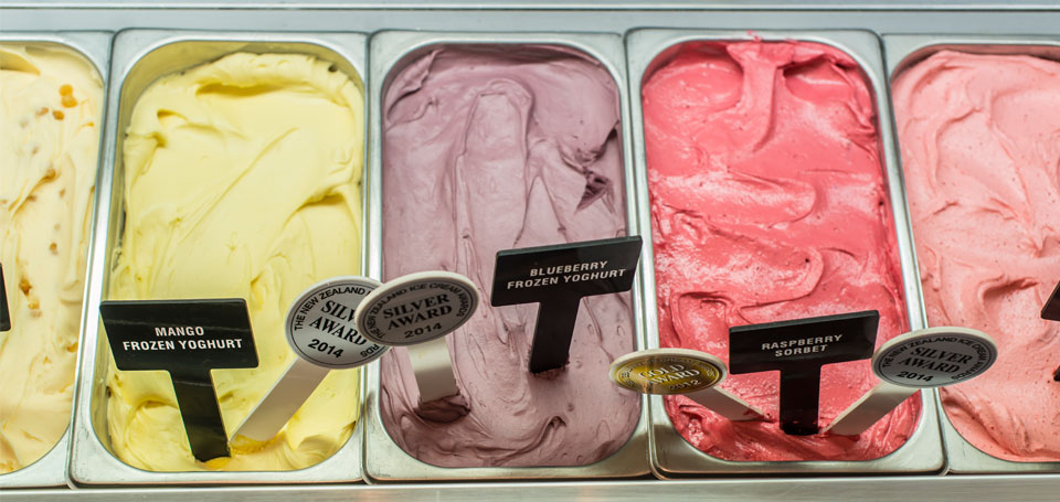 Gelato flavour tubs from Black Peak Gelato in Wanaka.