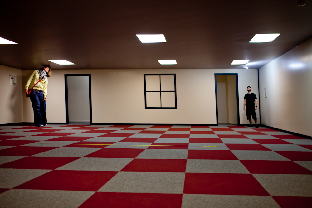 Two people in a room at Puzzling World in Wanaka.