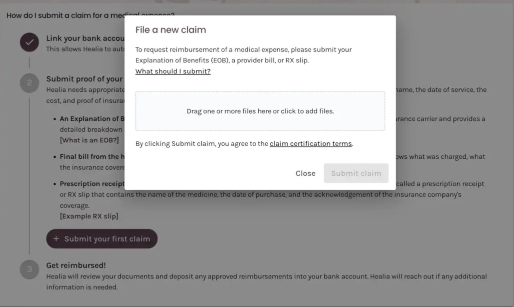 Healia's Submit New Claim workflow: photograph or upload an itemized bill, EOB, or pharmacy slip