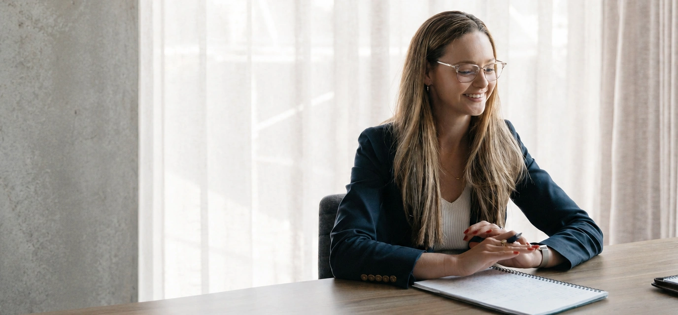 Smiling woman with glasses sitting at a table with a notebook and pen in a bright room.