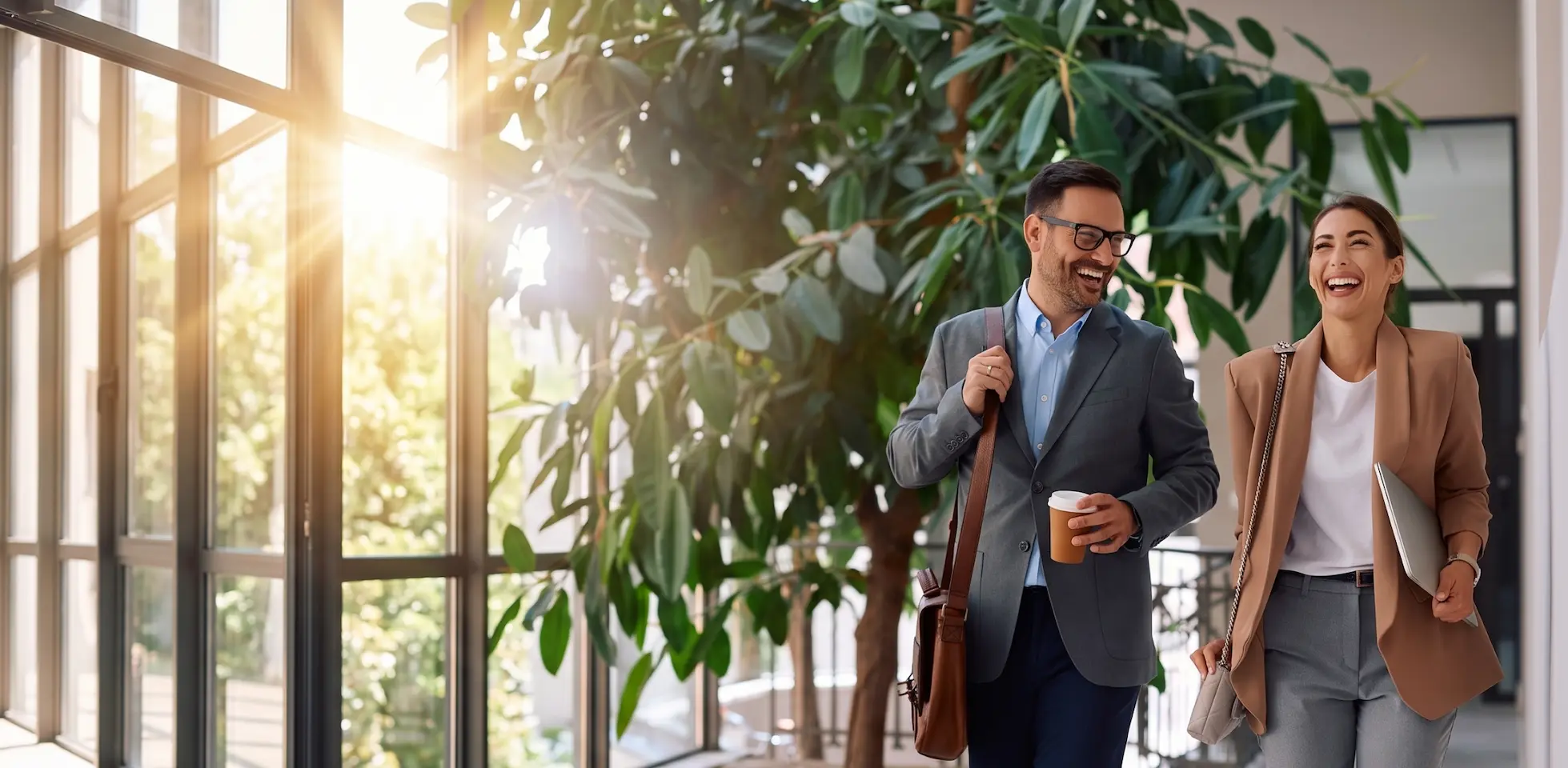 Smiling businessman and businesswoman walking together indoors, carrying a coffee and a laptop bag.