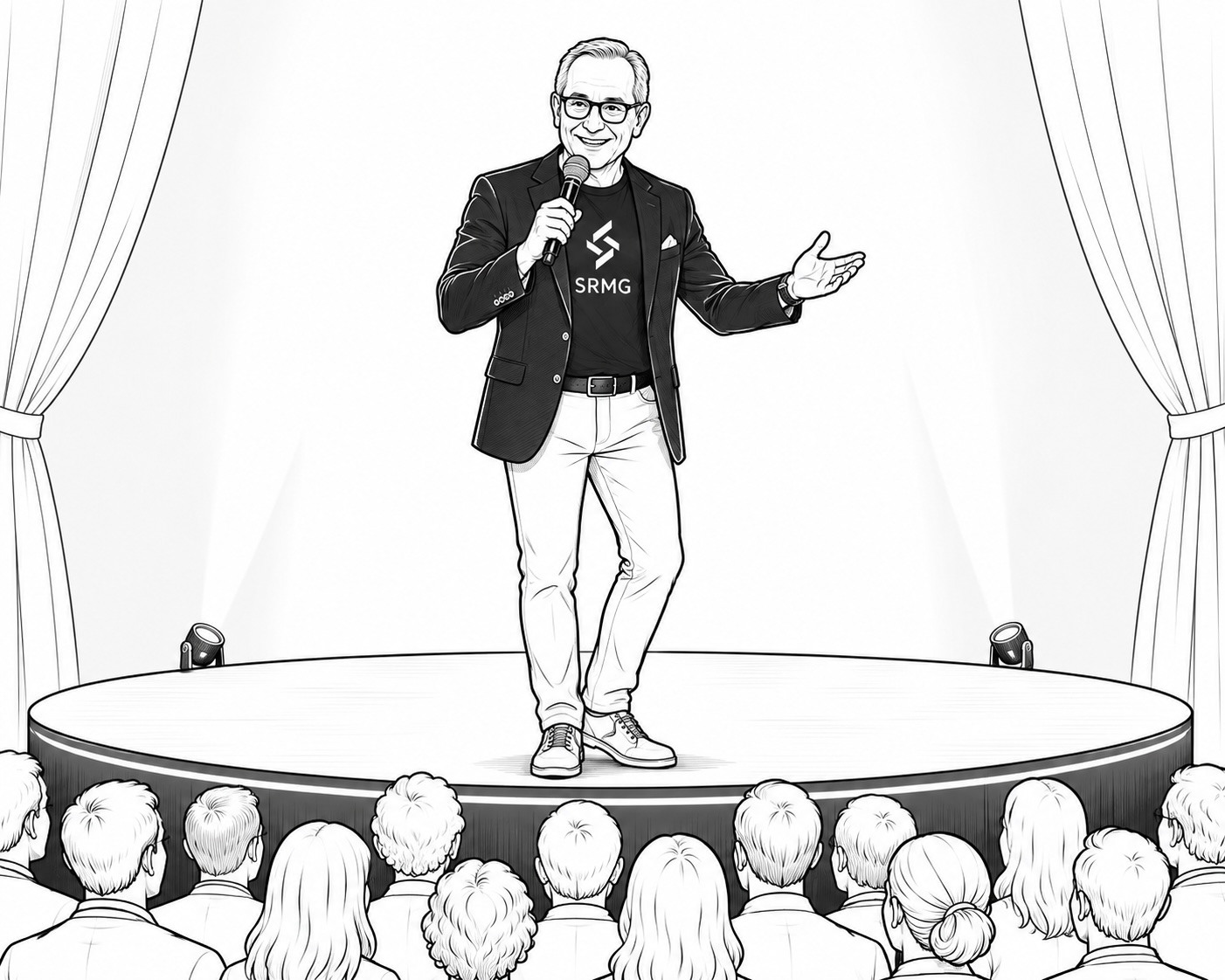 Illustration of Mike Owens speaking on stage to an audience