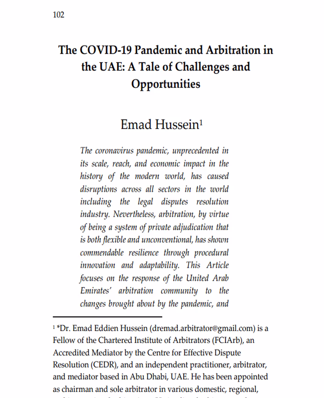 Opening page of the article The COVID-19 Pandemic and Arbitration in the UAE