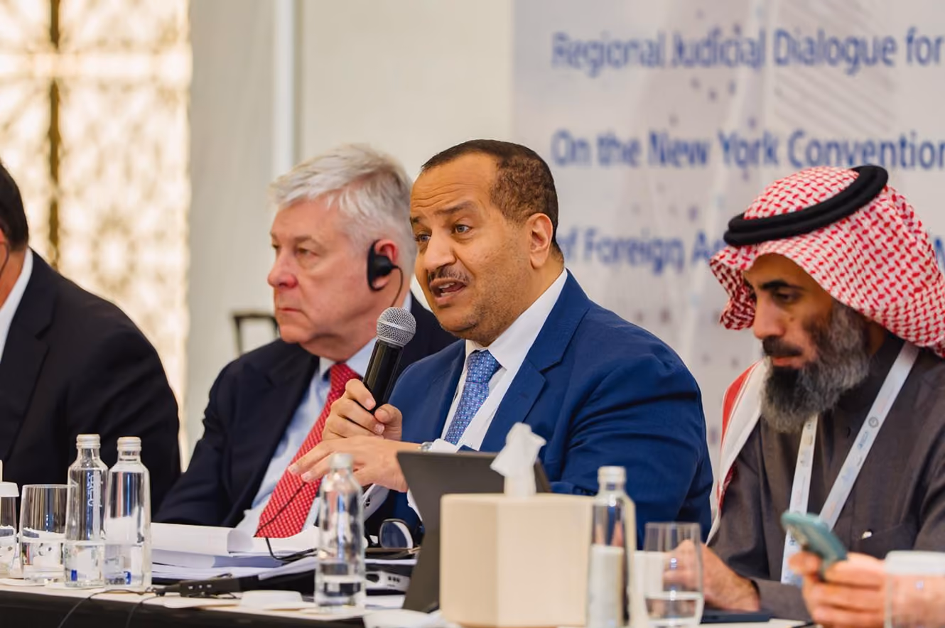 Dr Emad Hussein speaking at a regional judicial dialogue on the New York Convention