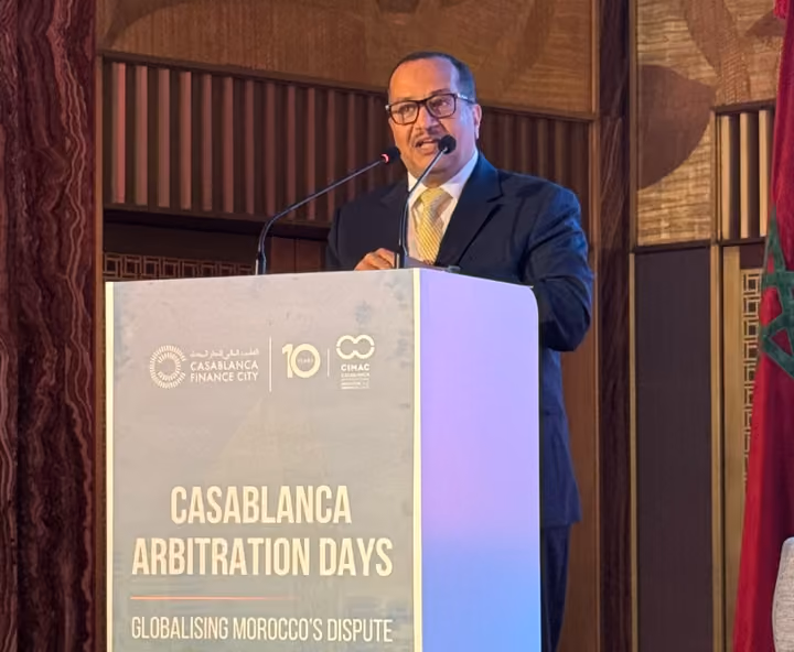 Dr. Emad Hussein speaking at Casablanca Arbitration Days on international dispute resolution.