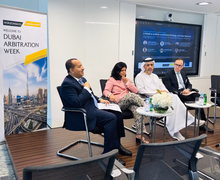 Dr. Emad Hussein participating in a panel discussion at Dubai Arbitration Week.