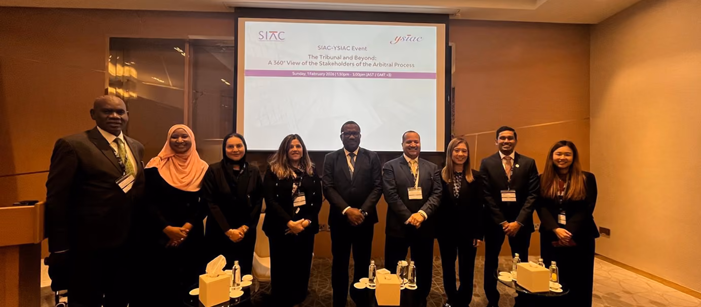 Dr. Emad Hussein with fellow speakers at the SIAC-YSIAC event on stakeholders of the arbitral process