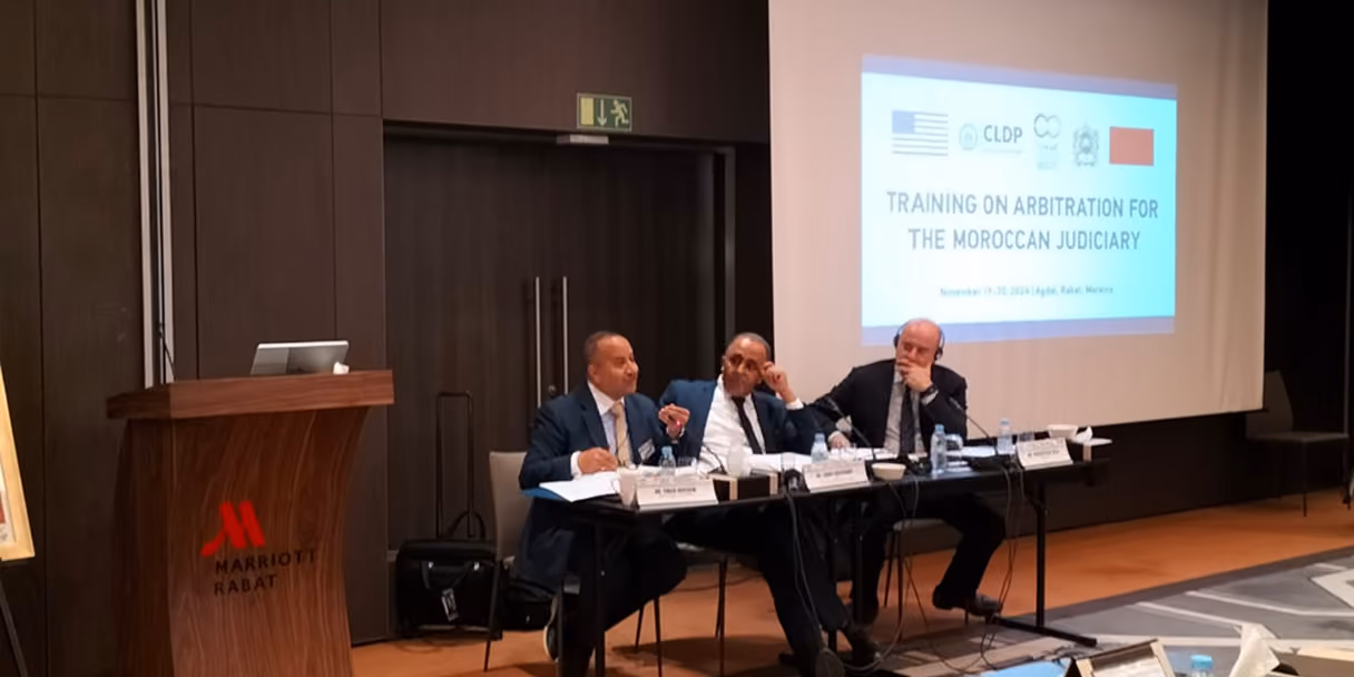 Dr. Emad Hussein on a panel at the CLDP Training on Arbitration for the Moroccan Judiciary, Marriott Rabat, November 2024