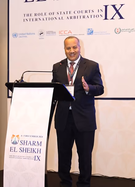 Dr Emad Hussein speaking at a podium beside the Turkish flag