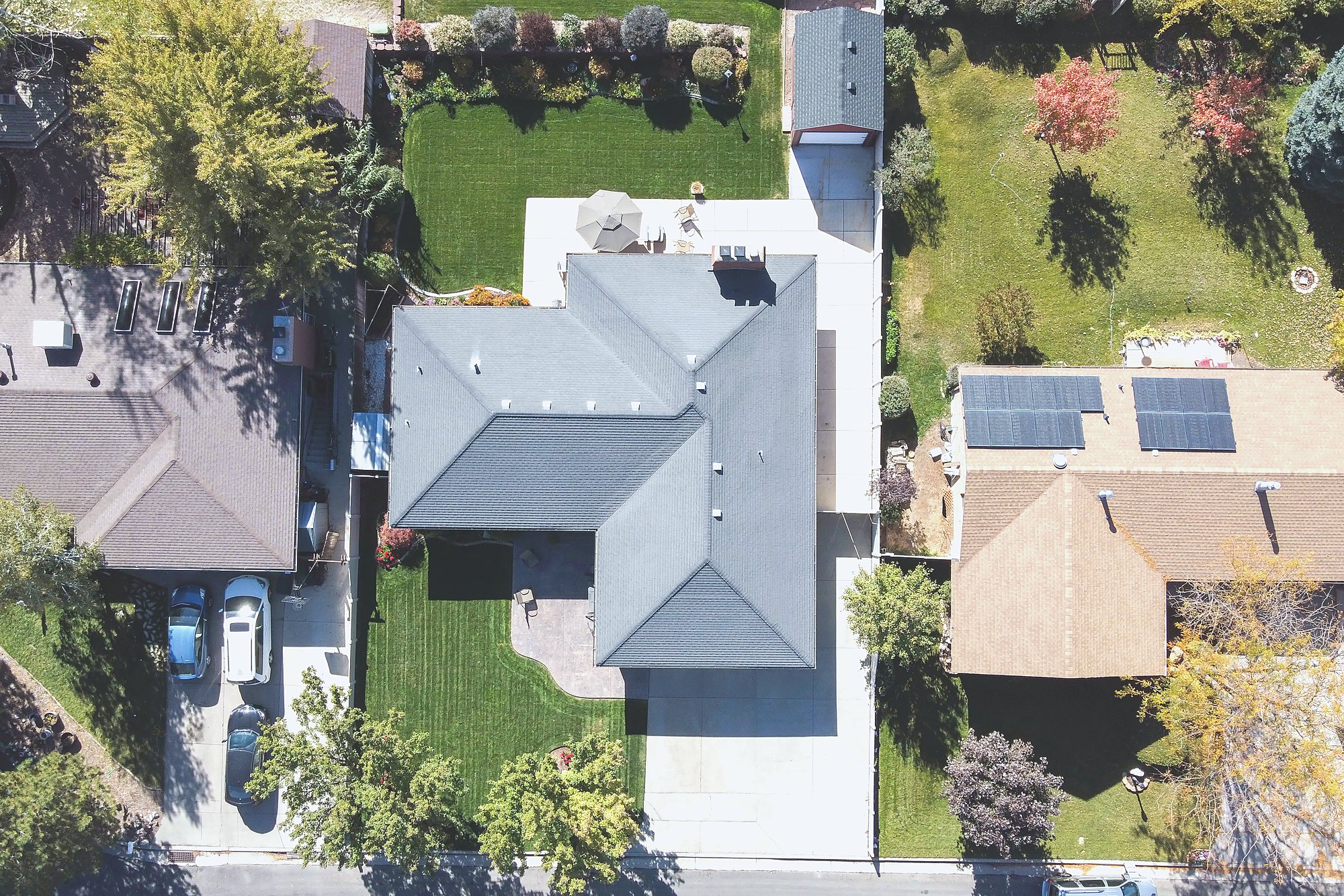 Aerial view of suburban houses, gardens and boundaries