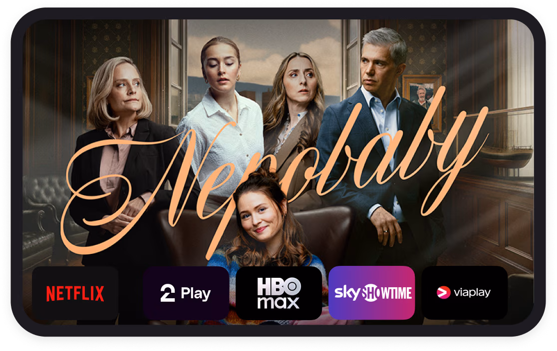 Nepobaby vist i Altibox TV-appen på et nettbrett, med Netflix, TV 2 Play, HBO Max, SkyShowtime og Viaplay