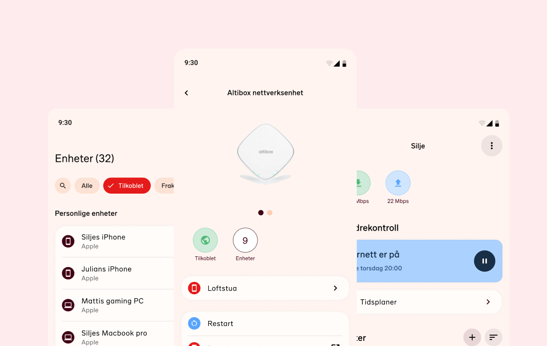 Tre mobilskjermer som viser Altibox Hjem-appen: nettverksstatus, tidsplaner og enhetstilgang