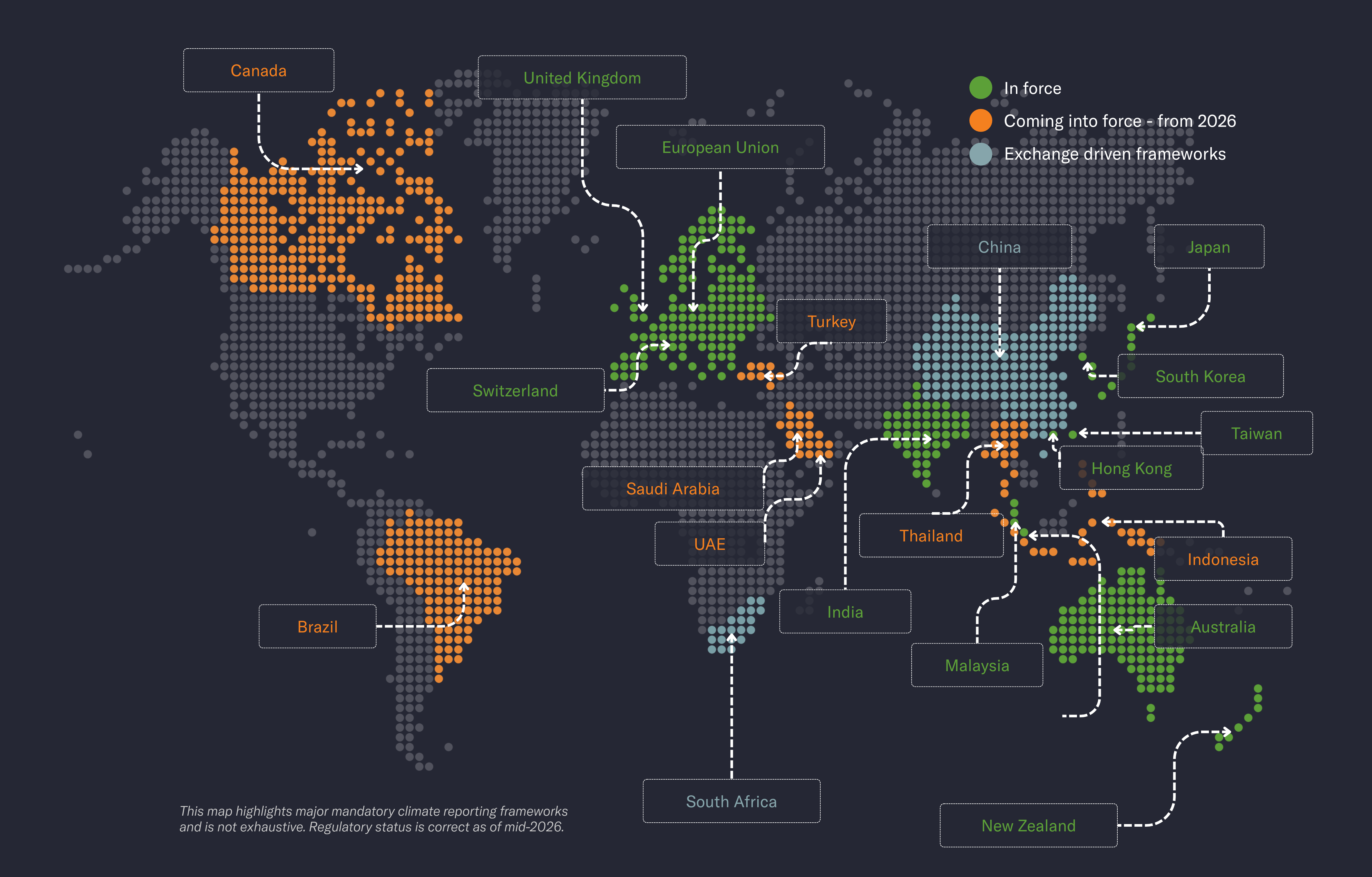 World map of jurisdictions with mandatory climate disclosure rules
