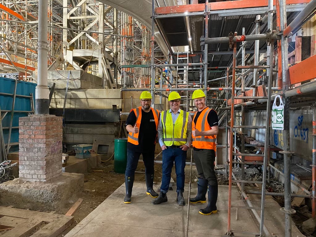 Patrick Salloch (PAT), Craig Thorne (NZSO Project Manager), Mike Heard (PAT) directly above the location of the Control Room in the new basement of the Wellington Town Hall.