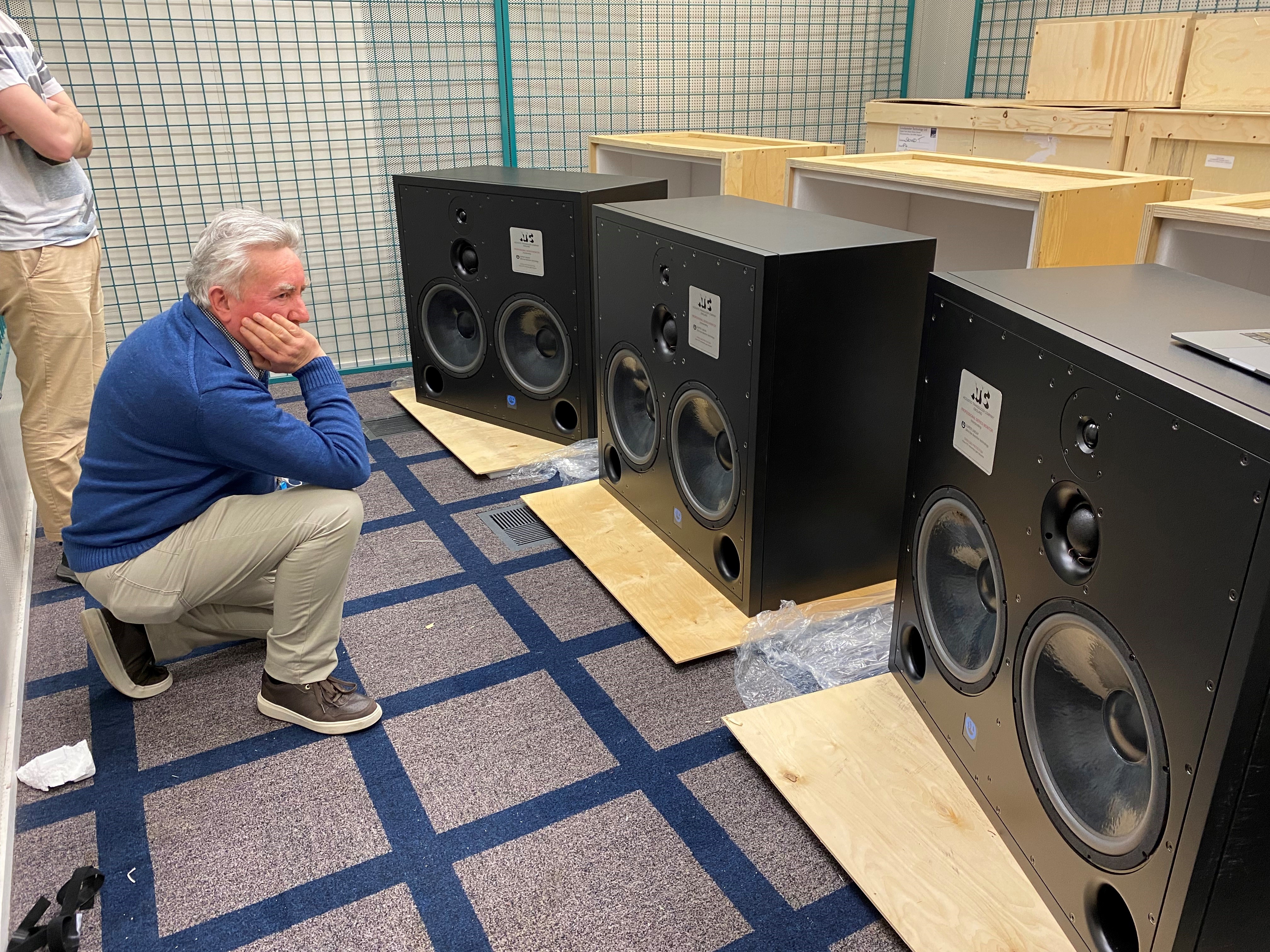 NZSO Technical Consultant John Neill checks out the new ATC300 speakers.