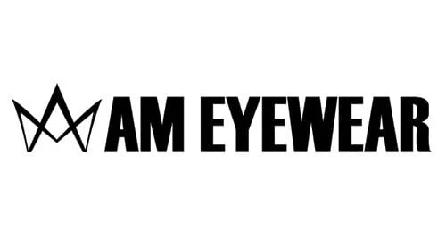 AM Eyewear logo featuring a stylized crown symbol to the left of bold capital letters spelling AM EYEWEAR.