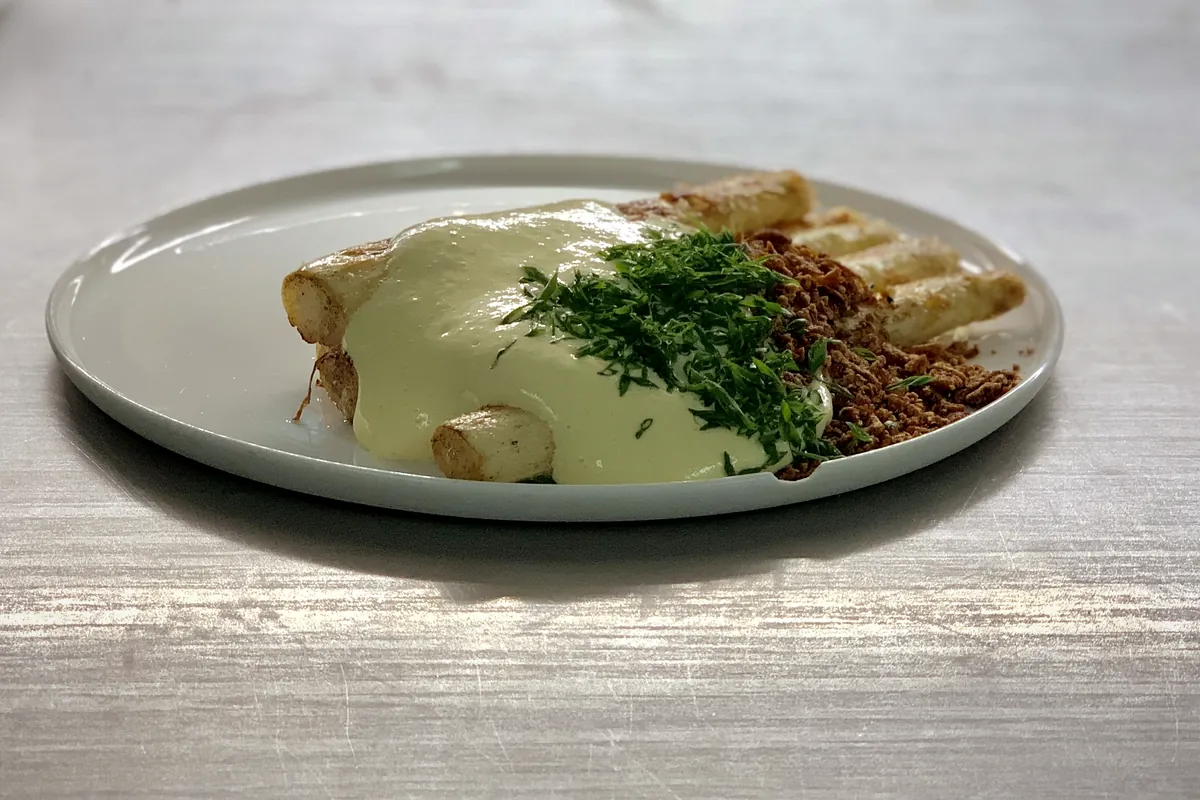Cannelloni mit Kräutersauce auf hellem Holztisch im Tageslicht