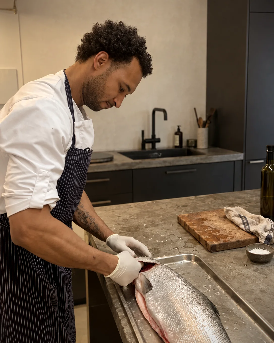 Anuri bereitet einen ganzen Lachs auf der Arbeitsfläche vor