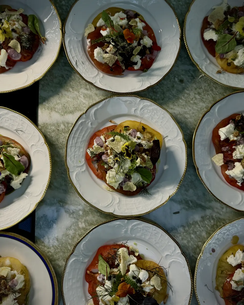Vorbereitete Tomatenvorspeisen mit Burrata und Kräutern auf goldgeränderten Tellern