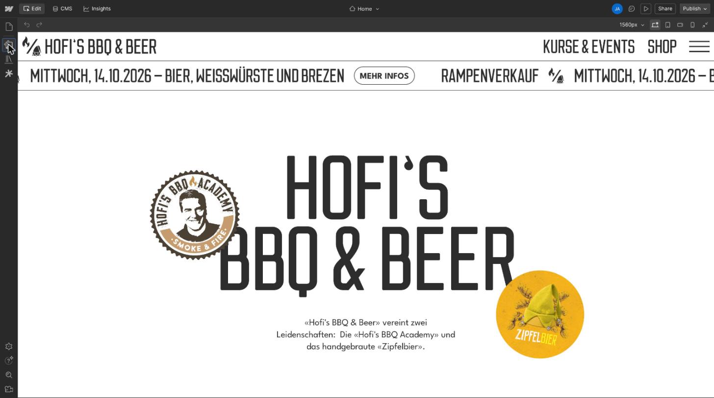 Tab Edit: oben die Tabs Edit, CMS und Insights, in der Mitte die Seitenauswahl, rechts oben Publish