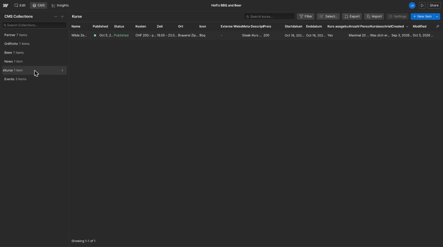 Tab CMS: links die Collections, rechts die Tabelle mit allen Kursen und der Button New item