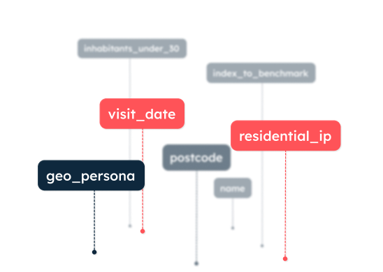 Visual diagram showing connections between data fields including inhabitants under 30, visit date, geo persona, postcode, name, index to benchmark, and residential IP.