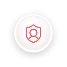 Red outlined shield with a person icon inside on a white circular button with drop shadow.