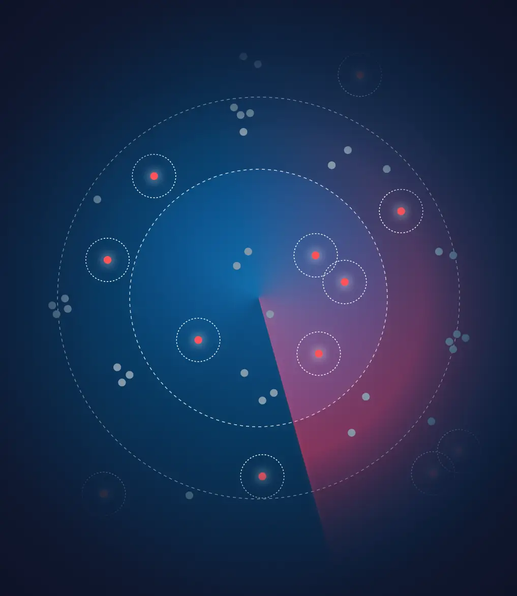 Radar screen with red dots tracked within concentric circles on a blue and purple gradient background.