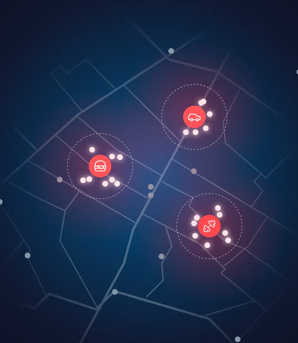 Map with glowing red icons depicting burger, car, and dumbbell with clusters of white dots around them.