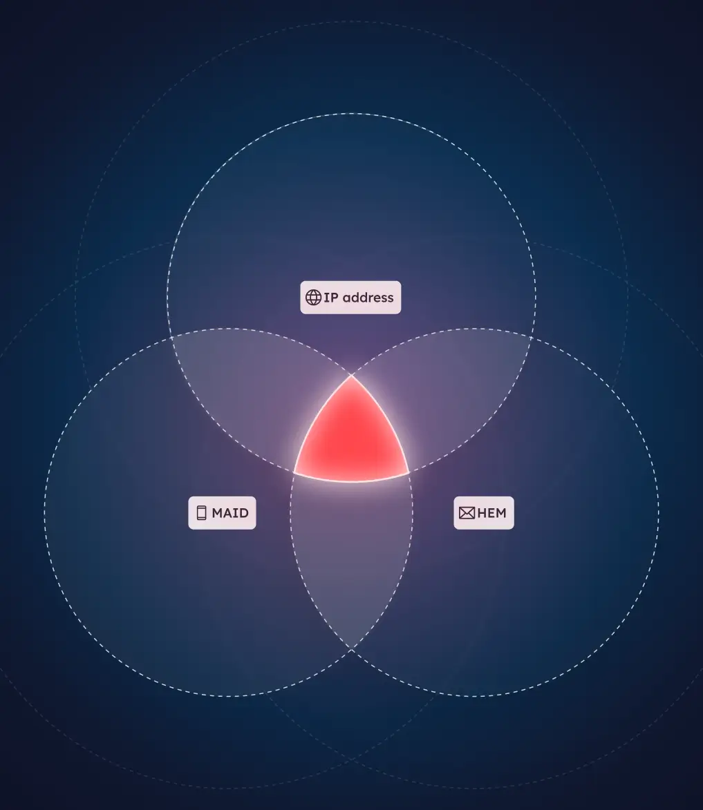 Venn diagram of three circles labeled IP address, MAID, and HEM with their intersection highlighted in red.