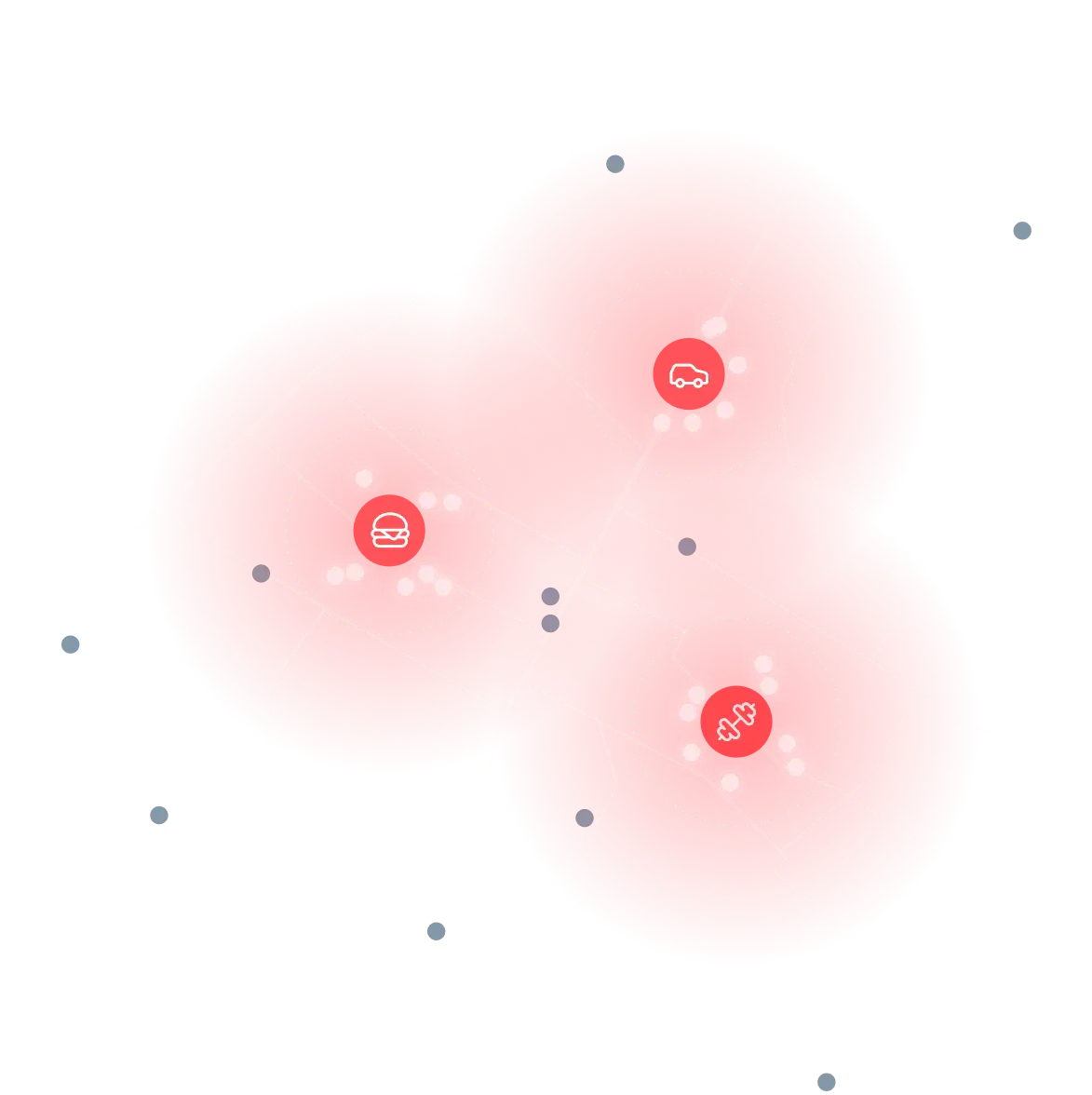City map with three red circular zones marked with burger, car, and dumbbell icons and white streets.