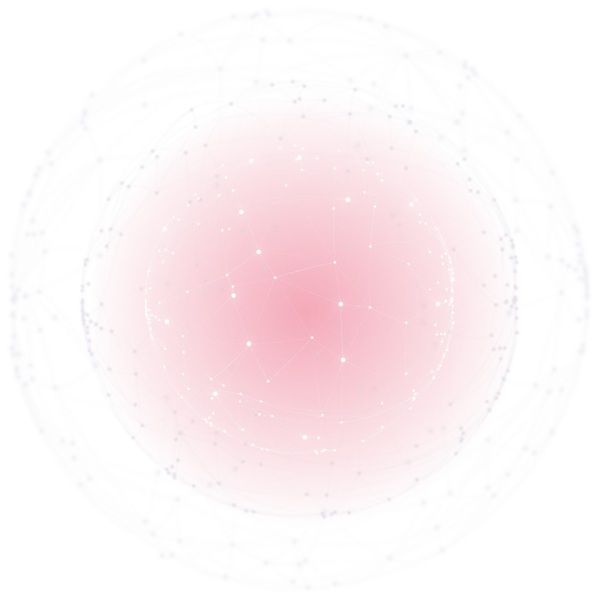 Red sphere with interconnected white nodes and lines forming a network inside a white wireframe globe.