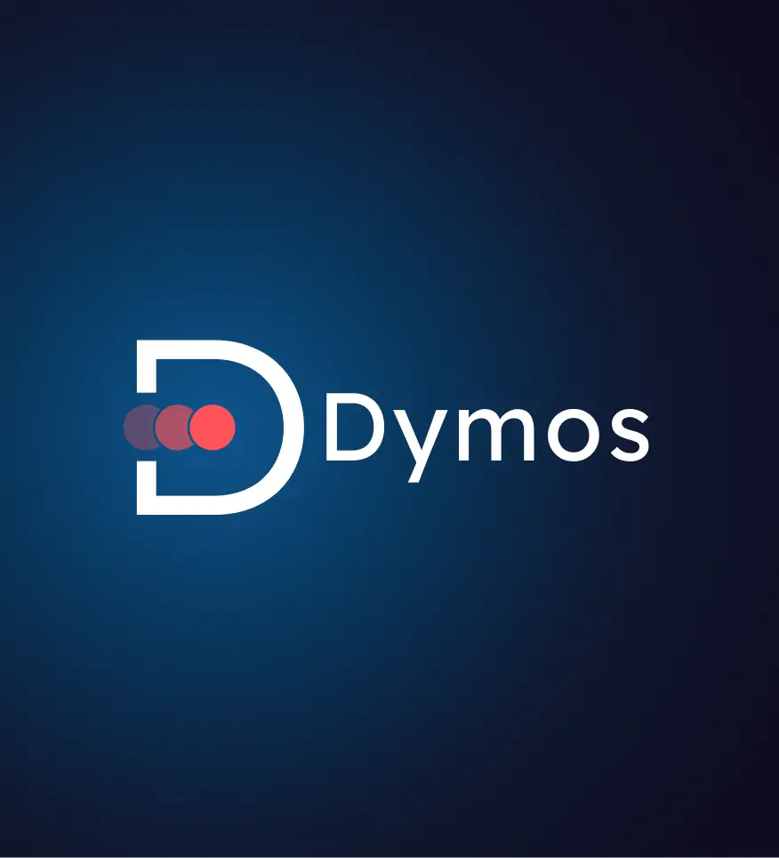 The logo for Dymos with a stylized letter D and three overlapping red circles on a dark blue background.