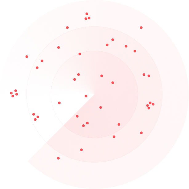 Graphical visualization on a white background showing red dots scattered across concentric circles, overlaid with a light red radar sweep sector. The image illustrates the concept of processing pseudonymous location signals.