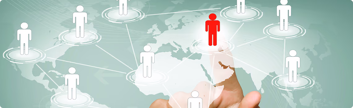 Hand pointing to a red figure in a global network of white human icons on a map background.