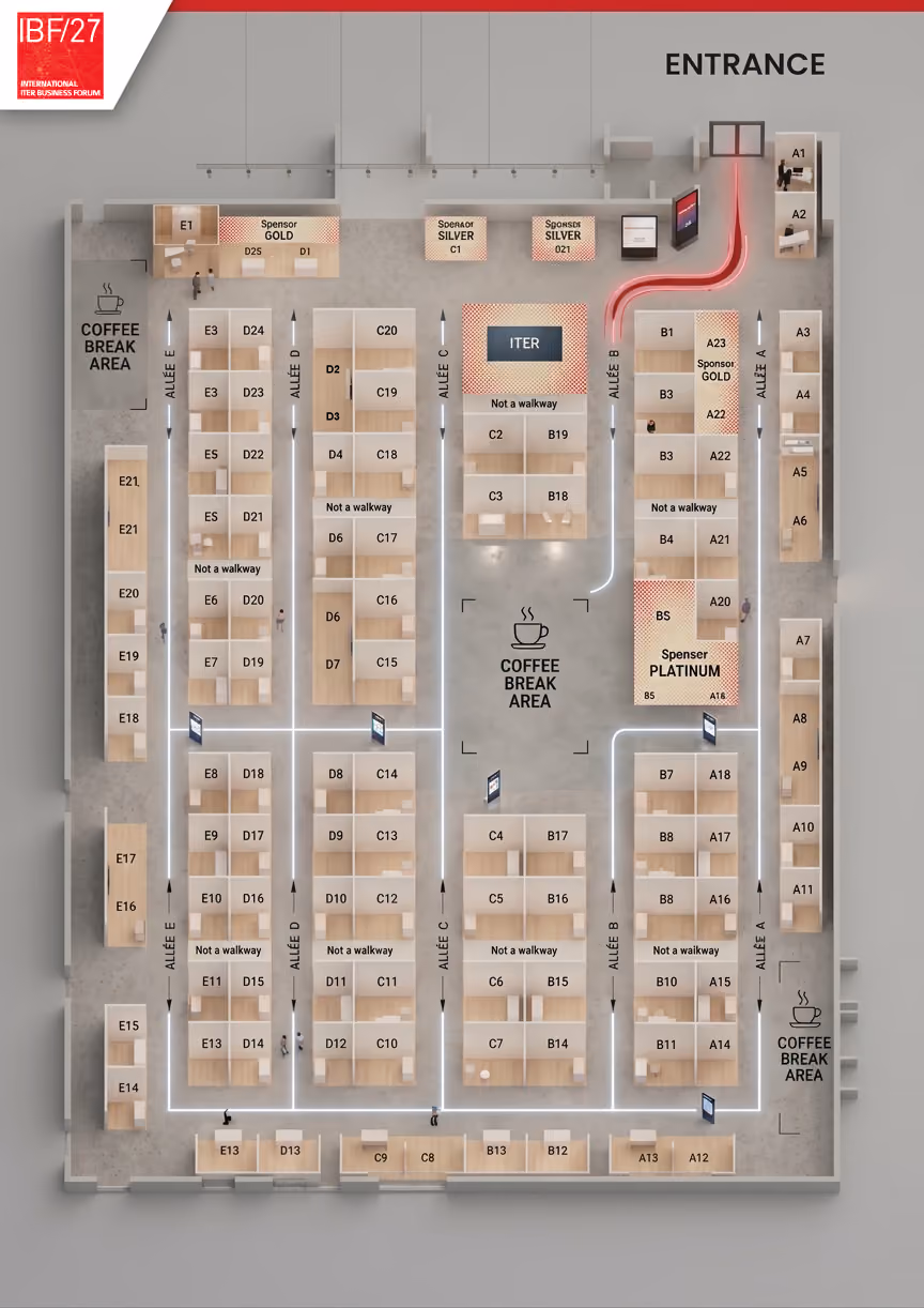 Floor plan of the IBF/27 International Iter Business Forum showing an entrance at the top right, multiple booths organized in sections labeled A to E with booth numbers, three coffee break areas marked with a coffee cup icon, sponsor booths labeled Gold, Silver, and Platinum, and arrows indicating walkways and some areas marked as not walkways.