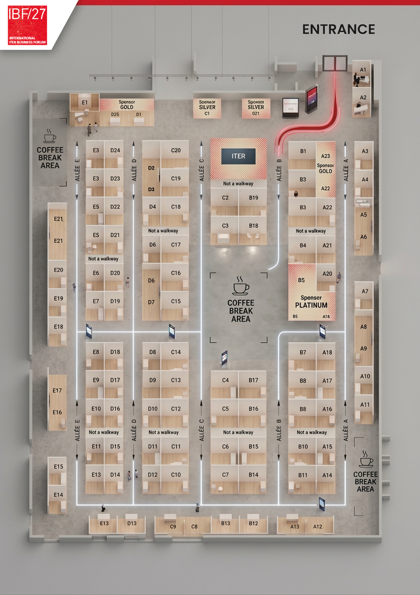 Floor plan of the IBF/27 International Iter Business Forum showing an entrance at the top right, multiple booths organized in sections labeled A to E with booth numbers, three coffee break areas marked with a coffee cup icon, sponsor booths labeled Gold, Silver, and Platinum, and arrows indicating walkways and some areas marked as not walkways.