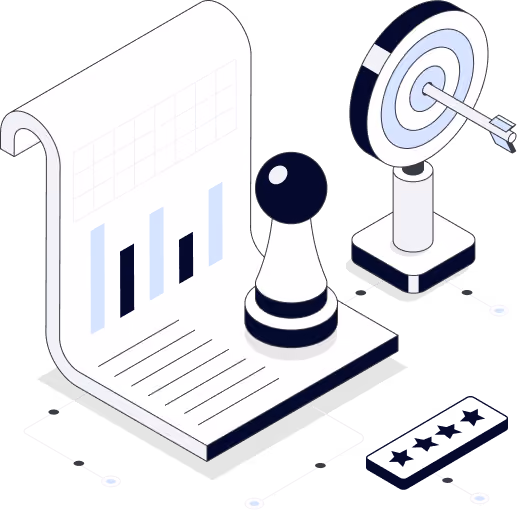 Isometric illustration of a strategy document with a bar chart, chess piece, and an arrow hitting a target
