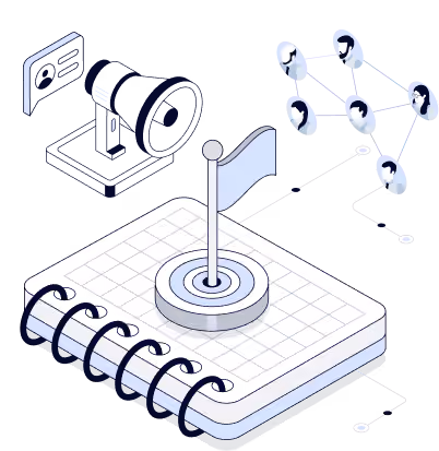 Isometric illustration of a megaphone, a flag planted on a target, and a connected network of people