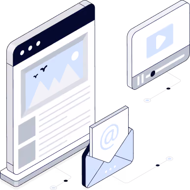 Isometric illustration of a laptop showing content and an opened email with an @ symbol