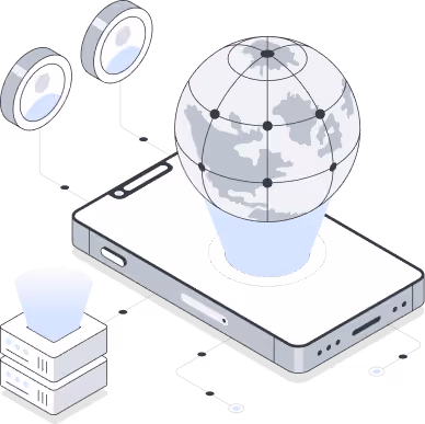 Isometric illustration of a smartphone displaying a globe with a package, representing a global network