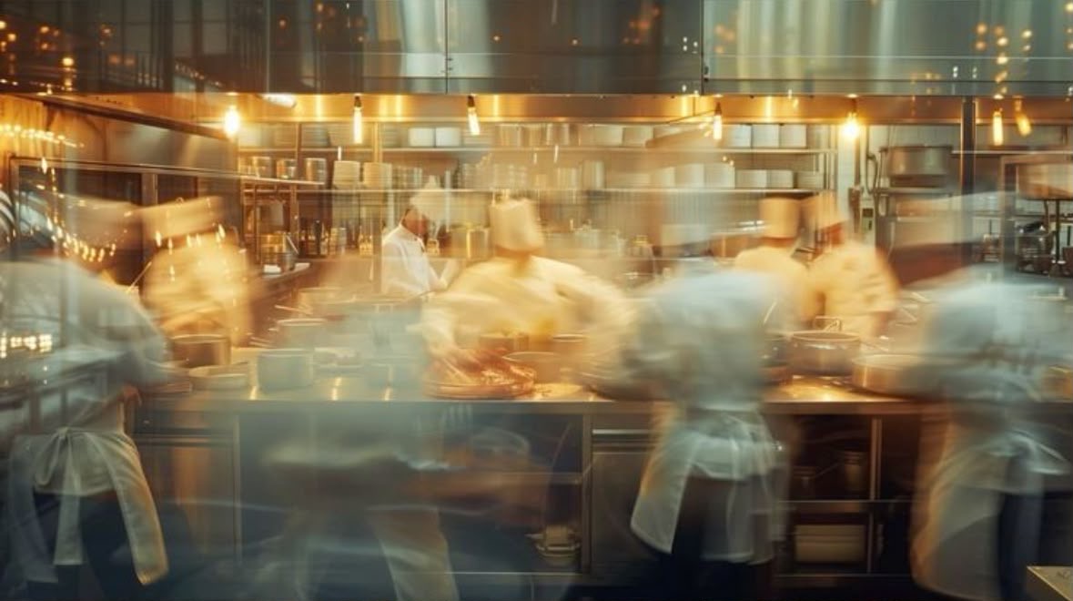 Chefs plating in motion under warm kitchen lights