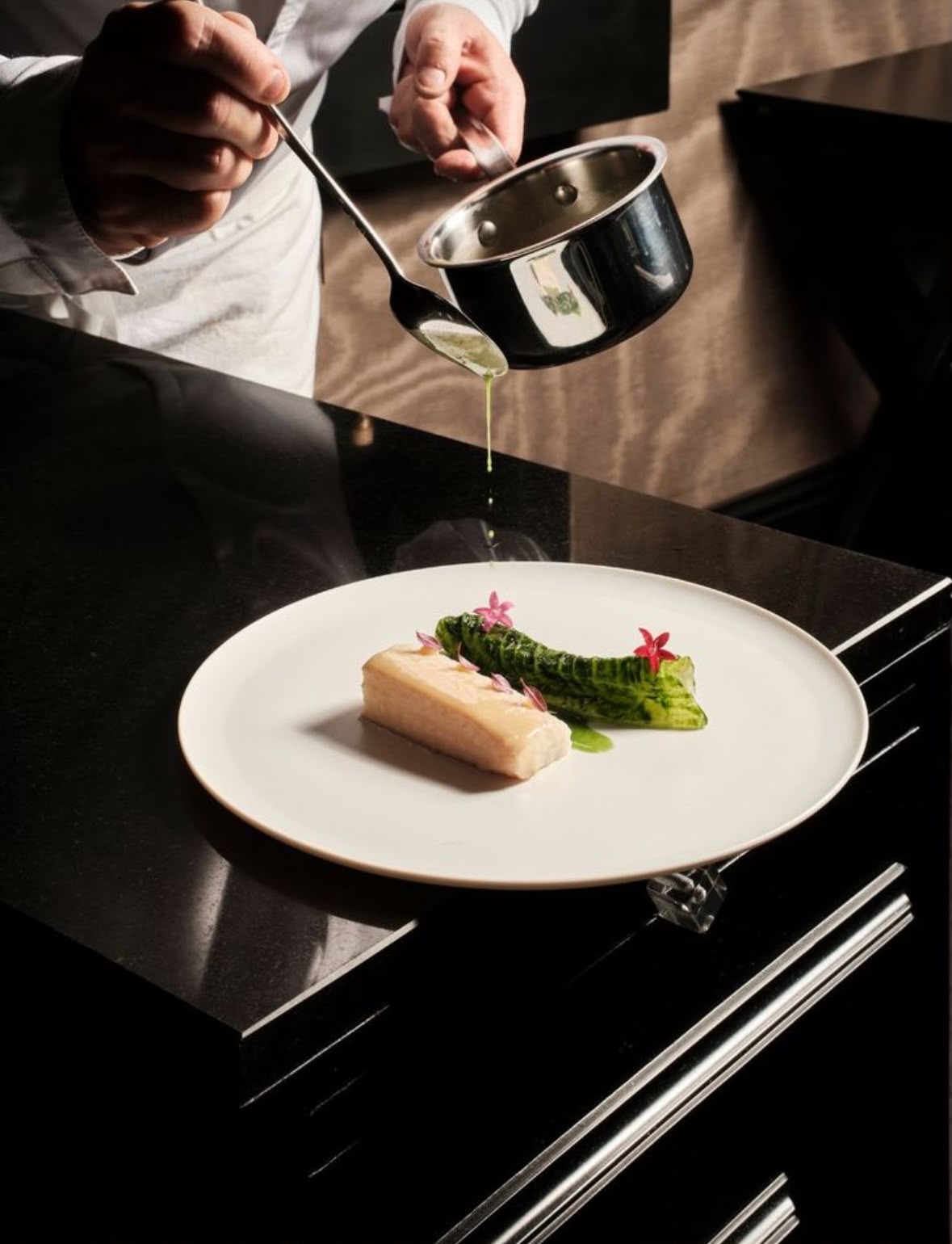Glazed pork belly with truffle and black purée