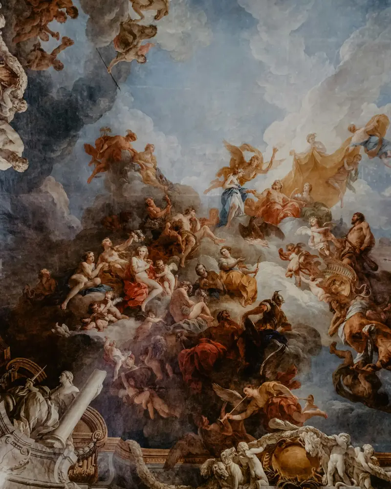 Dramatic classical painting of figures in the sky with clouds.