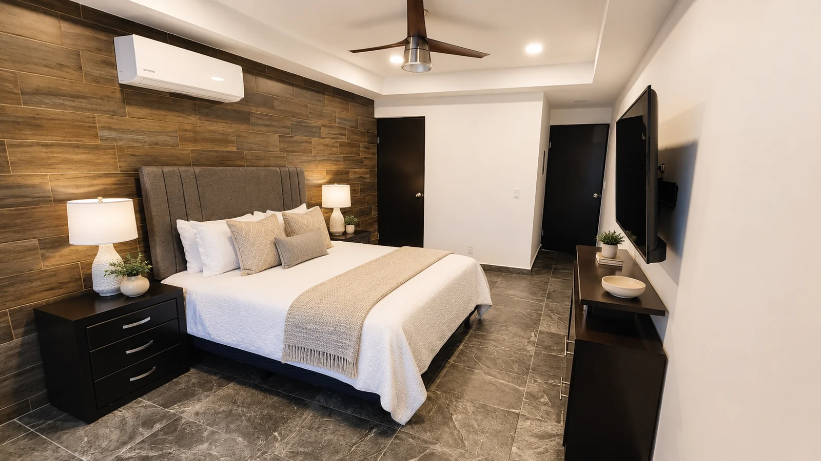 A second view of a sample furnished Quince Sur bedroom
