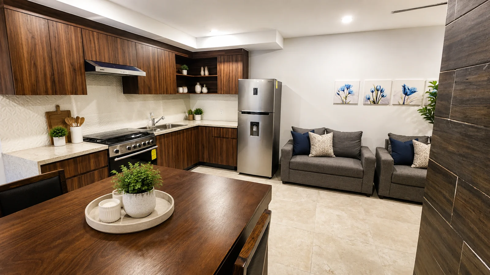 Sample Quince Sur kitchen opening onto a furnished living room