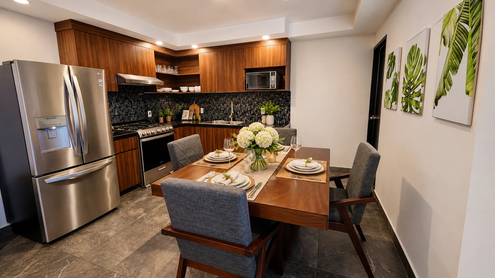 Kitchen and dining area in a sample Quince Sur residence