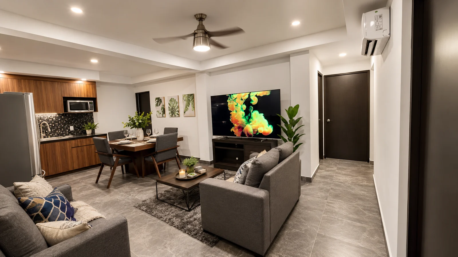 Sample living room with a sofa, dining area and ceiling fan