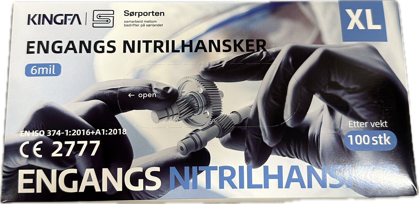 Eske med sorte KINGFA og Sørporten nitrilhansker, 6 mil, 100 stk.
