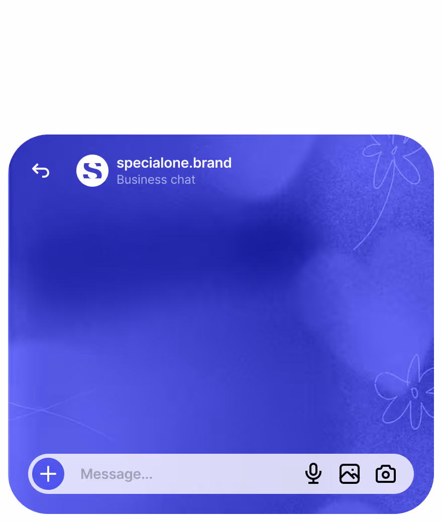 Blue chat interface with specialone.brand business chat header and message input with icons.